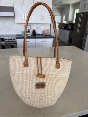 Handwoven Cream Sisal Tote with Tan Leather Handles